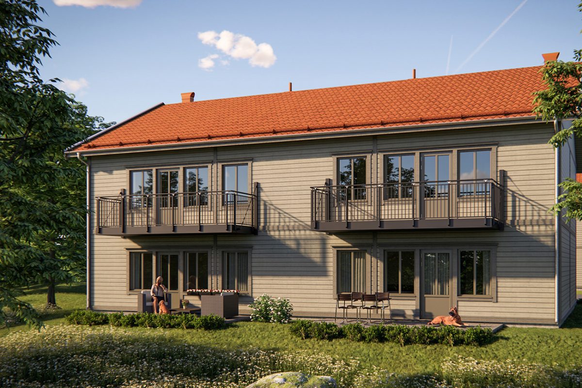 Projekteringsbild av Stora Hillänget i Ludvika med människor och hundar som njuter av boendemiljön.